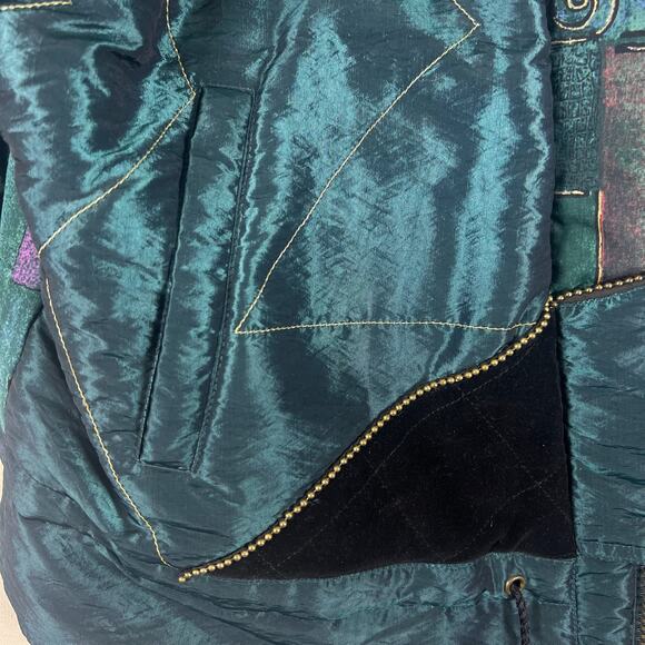 Vintage 90s Velvet Abstract Jacket XL | Teal Green Quilted Art Deco Statement - Picture 11 of 14